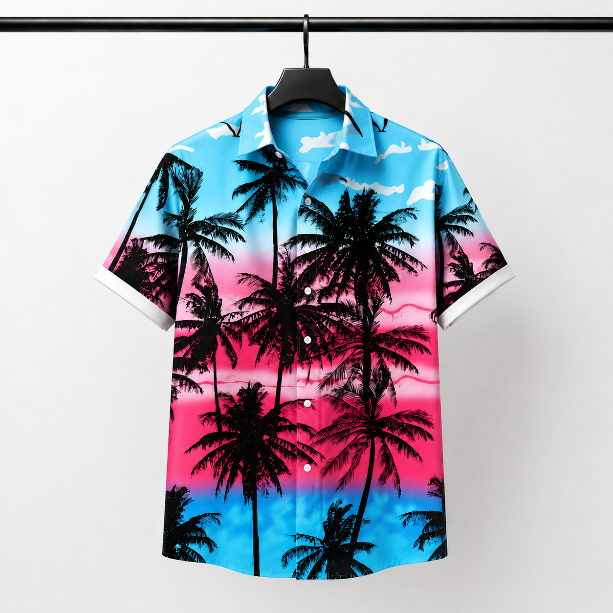 Camisa Hawaina de Manga Corta Azul y Rosa